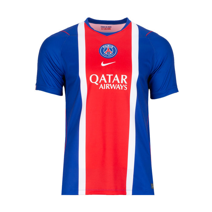 Men's PSG home stadium replica jersey, blue with red/white vertical stripe, PSG crest