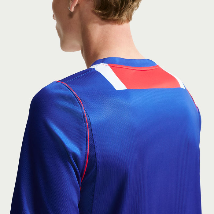 Men's PSG home stadium replica jersey back close-up, blue shoulders with red/white panel