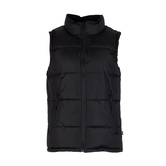 Black men’s puffer vest with full front zipper and high stand collar.
