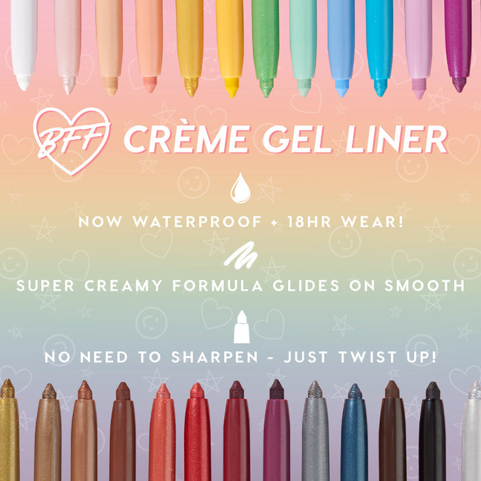 ColourPop Crème Gel Liner in Punch shown uncapped, the bright yellow twist-up pencil poised to glide on smoothly, surrounded by a rainbow of liners on a pastel gradient background, highlighting waterproof 18-hour wear and a creamy, no-sharpen formula.