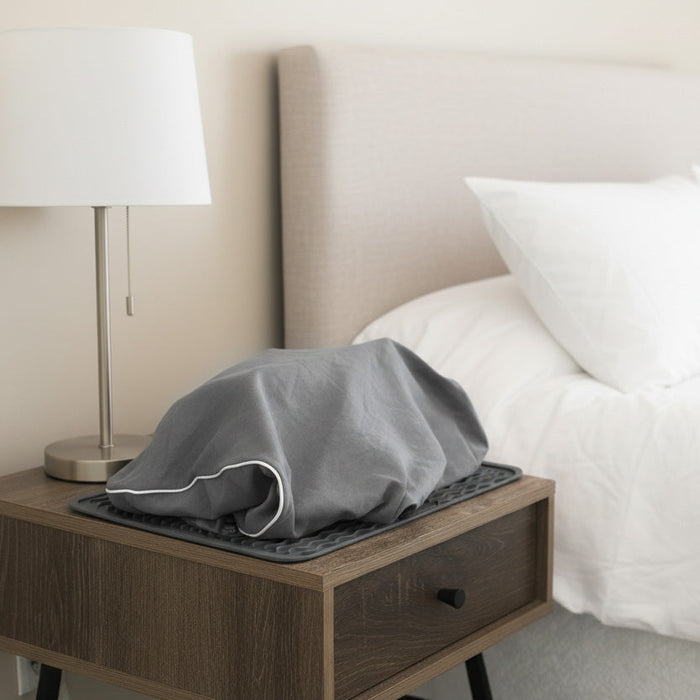 Gray CPAP Machine Dust Cover  on a wooden nightstand next to a bed with white bedding.