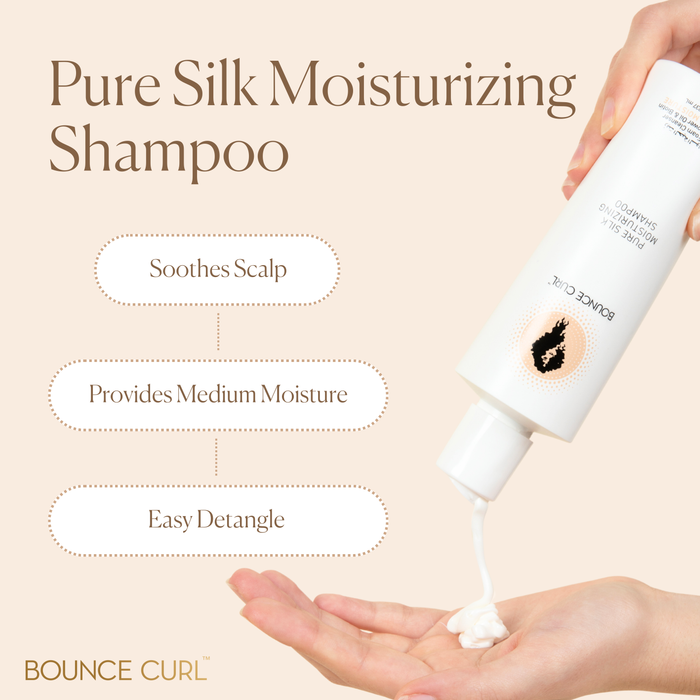 Bounce Curl Pure Silk Moisturizing Shampoo pouring into hand; sulfate‑free formula that hydrates.