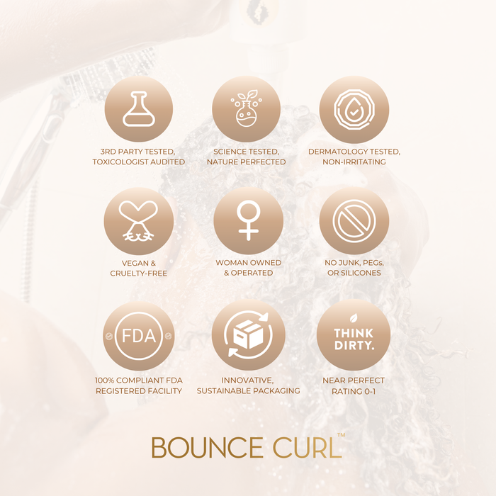 Nine round icons in a 3×3 grid above the Bounce Curl logo on a soft peach backdrop.