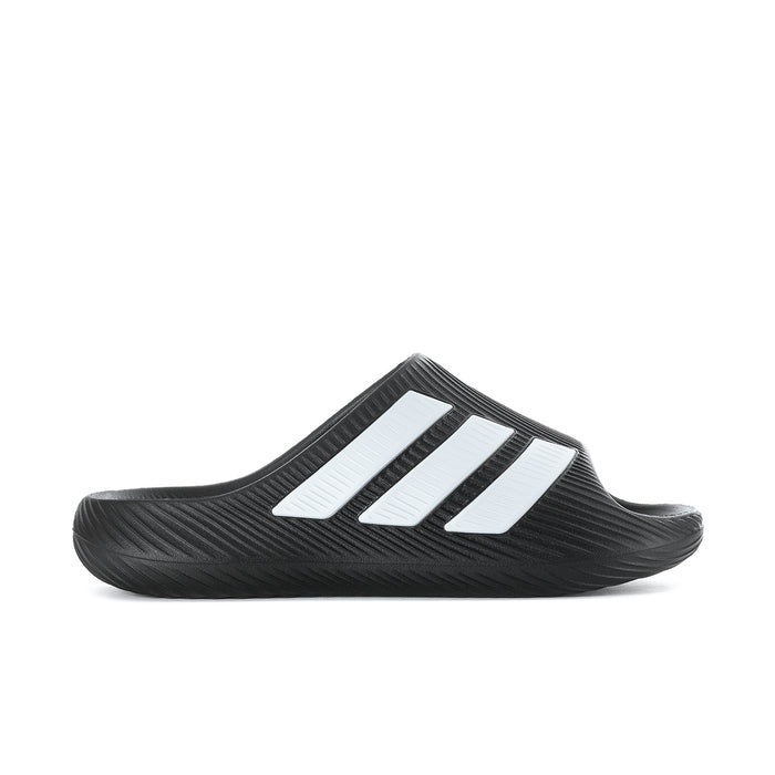 Men's black slide sandals with three white strap stripes and textured upper
