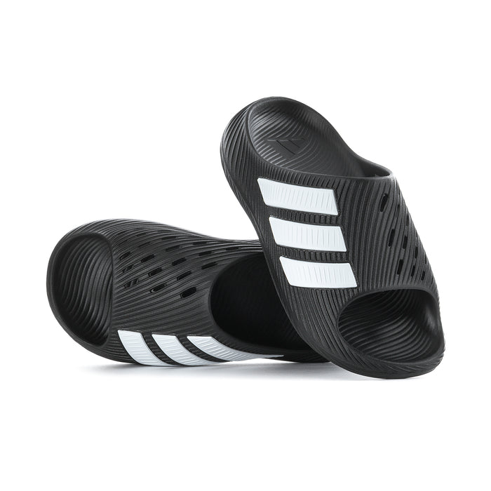 Men's black slide sandals with three white stripes on footbed, open toe