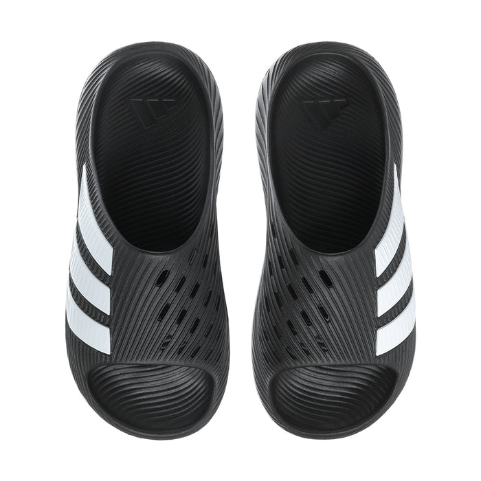 Men's black slide sandals with two white stripe bands and vented toe