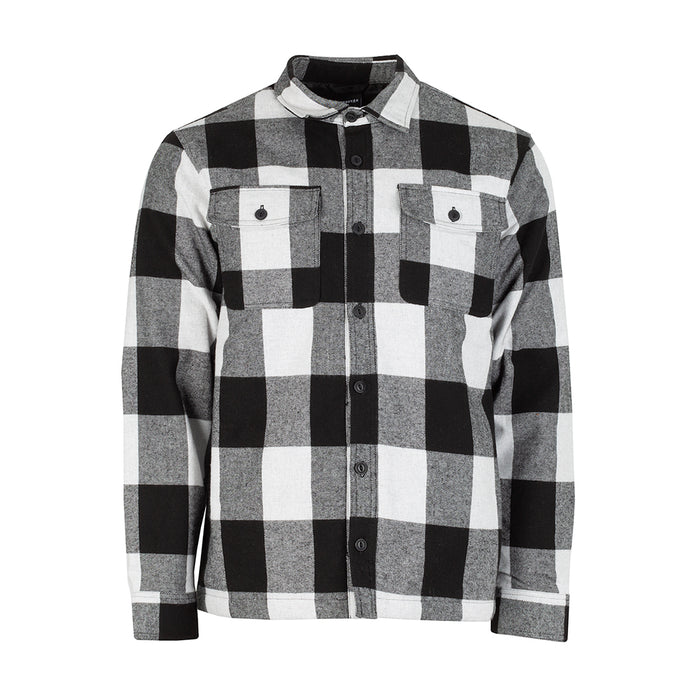 Men's quilted flannel shirt jacket, black/gray/white buffalo plaid, button front, chest pockets