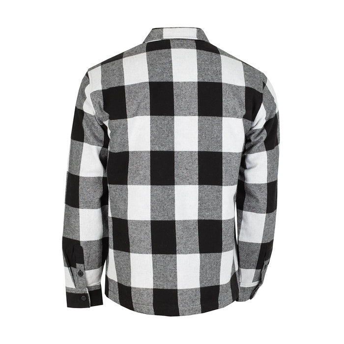 Men's quilted flannel shirt jacket, black/gray/white buffalo plaid back view, button front