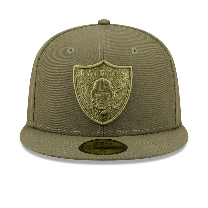 New Olive baseball cap with Raiders shield logo on front, flat brim