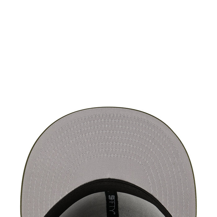 Inside view of light gray cap brim with black inner band and stitched seam