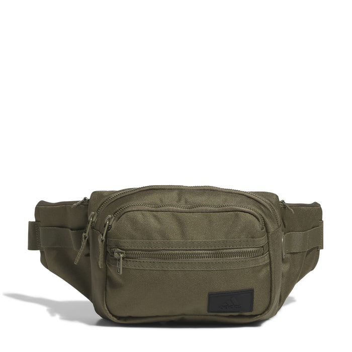 Olive crossbody waist bag with front zip pocket and adjustable web strap