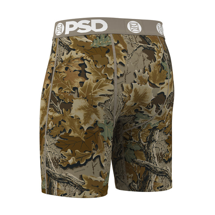 Men's Realtree camo boxer briefs, PSD logo waistband, full front