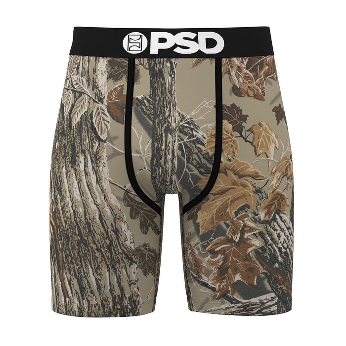Men's camo boxer briefs in gray-brown, black waistband with PSD logo