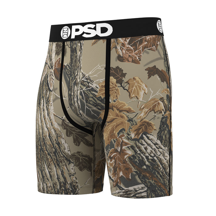 Men's camo boxer briefs, full front view, black waistband with PSD branding