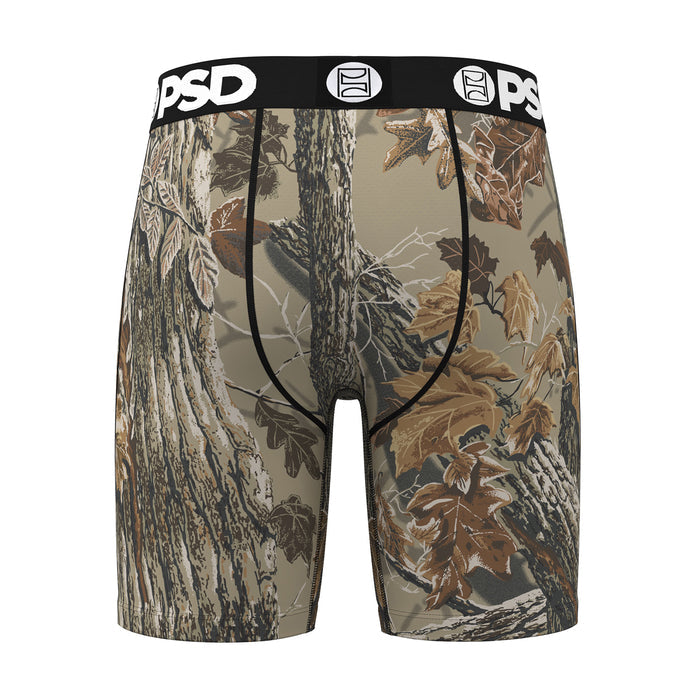 Men's camo boxer briefs, close front view of tree pattern and black waistband with PSD