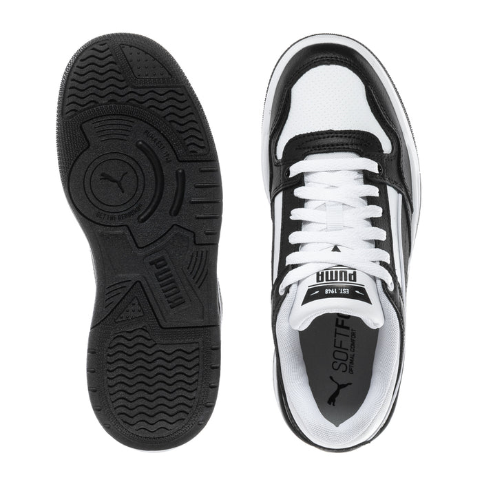 Youth sneakers outsole and interior, black tread sole and white lining