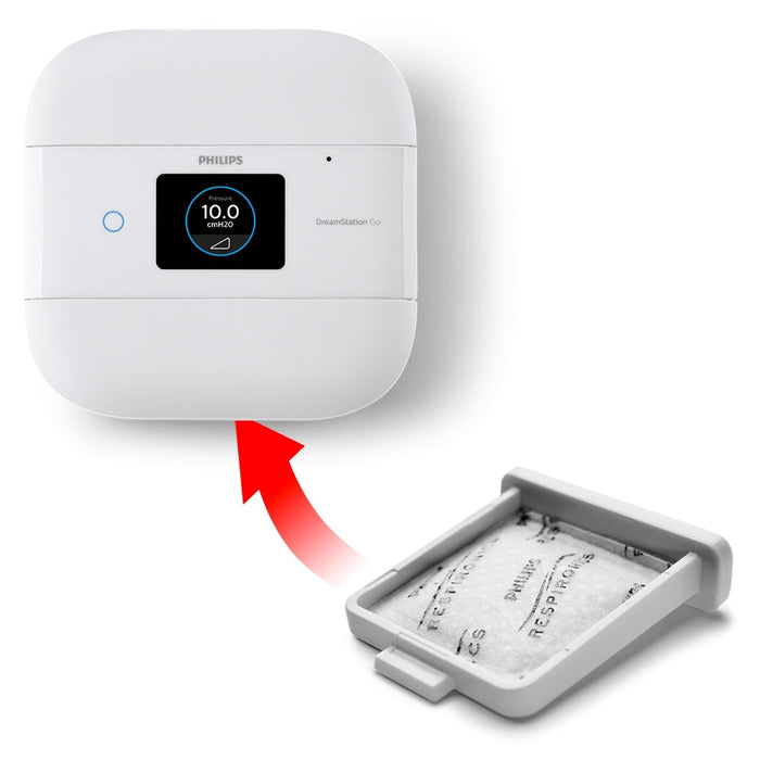 Respironics Filter with arrow pointing at DreamStation Go CPAP Machine