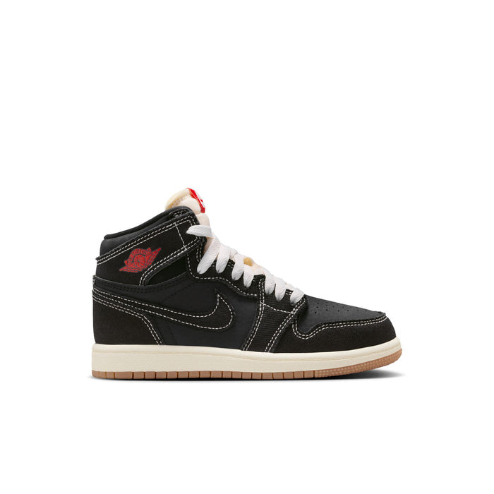 Kids black high-top sneakers with white laces, red accents, and a gum-toned sole