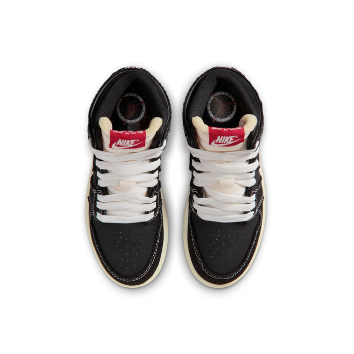 Kids black high-top sneakers from above, showing white laces and inner lining