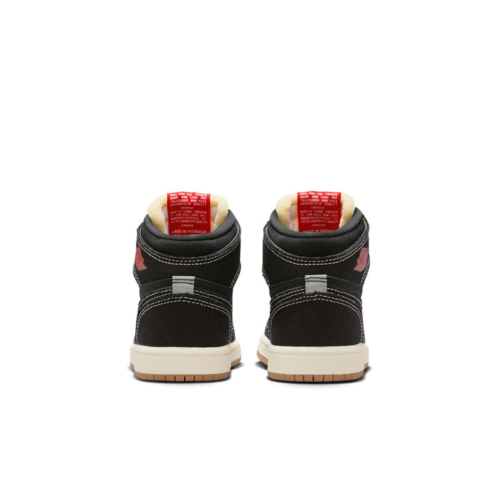 Kids black high-top sneakers from back view with white midsole and gum outsole