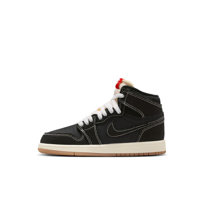 Kids black high-top sneakers side view with white laces, red heel accent, gum sole