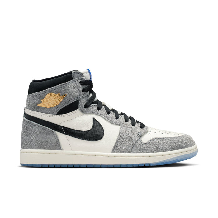 Mens high-top sneakers with white leather panels, gray suede, black Swoosh, blue outsole trim