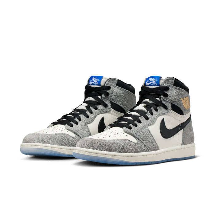 Pair of high-top sneakers in white and gray suede with black Nike Swoosh and blue-tinted sole