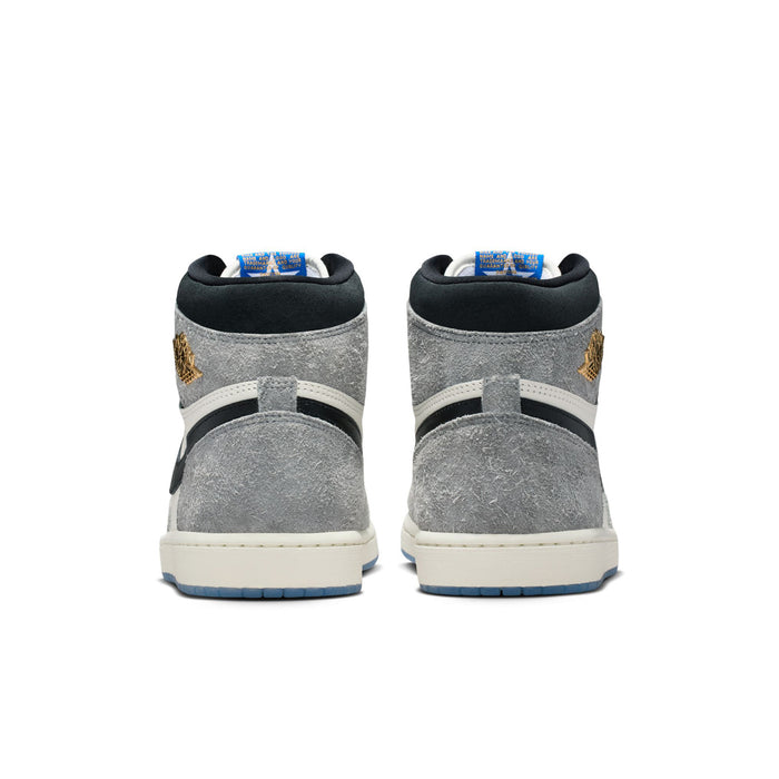 Back view of mens high-top sneakers with gray heel panels, black collar, and blue sole edge