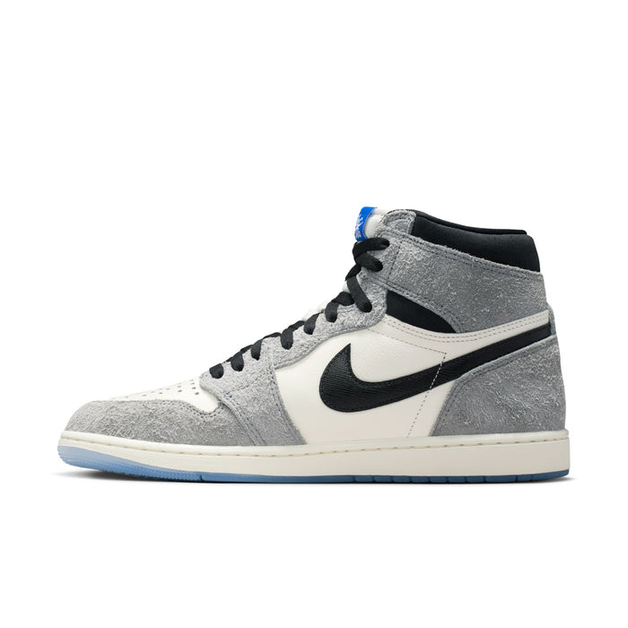 Side view of mens high-top sneakers with gray suede, white leather, and black Nike Swoosh