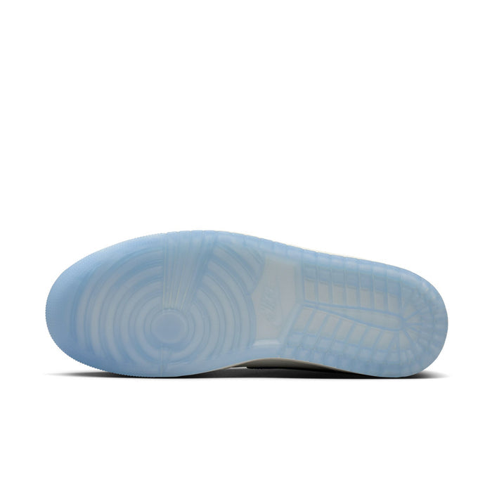 Outsole view of mens high-top sneakers with translucent blue rubber tread