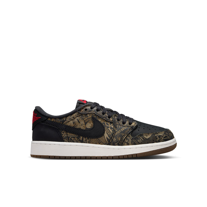 Youth low-top sneakers, black upper with gold pattern, red accents, white midsole