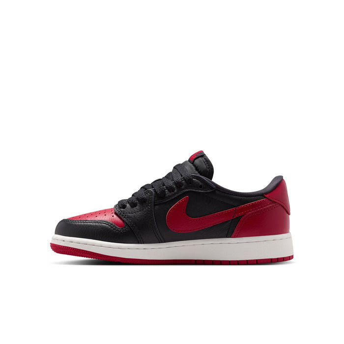 Youth low-top sneaker, black leather with red swoosh and white midsole