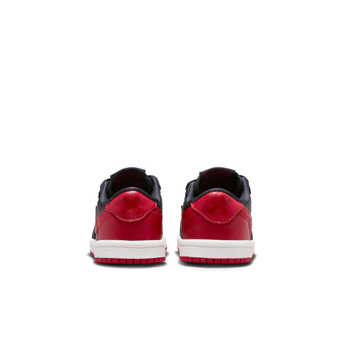 Toddler low-top sneakers heel view in black and red with white midsole