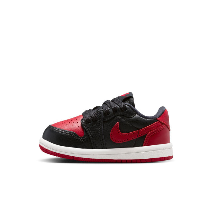 Toddler low-top sneakers in black and red with perforated toe and swoosh