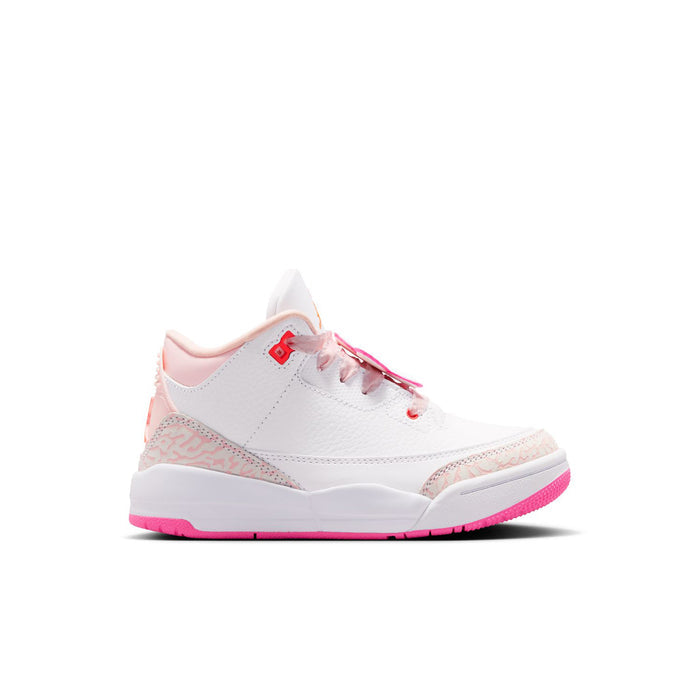 Kids' high-top sneakers in white with pink trim, lace-up, Jordan logo on side.