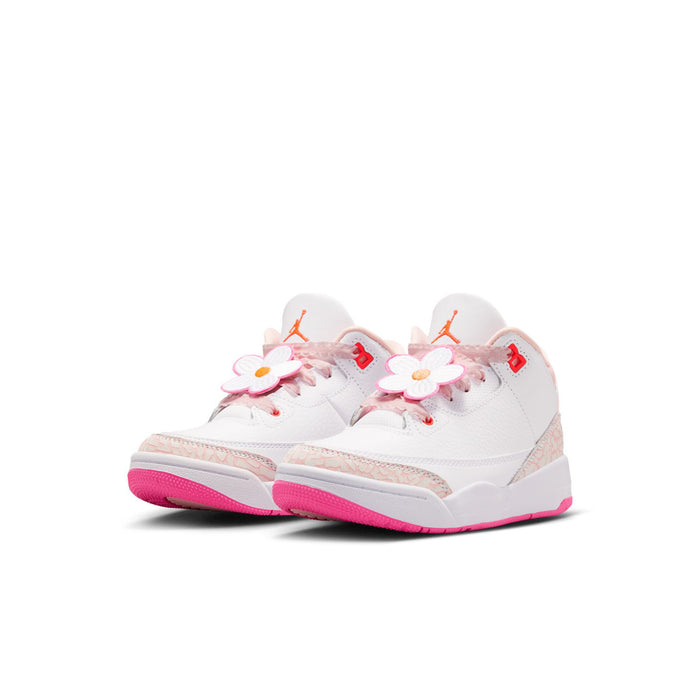 Kids' high-top sneakers with white uppers, pink laces, flower embellishments, pink outsole.