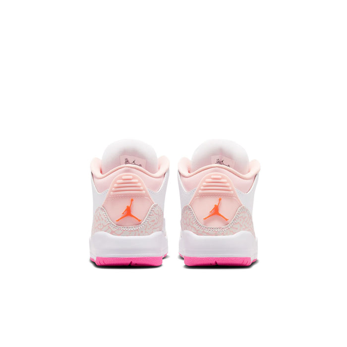 Kids' sneakers heel view in white with pink lining, Jordan Jumpman detail, pink outsole.