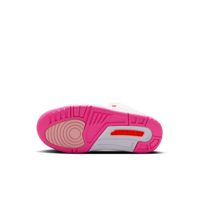 Kids' sneaker outsole with pink tread and JORDAN label, white base, durable grip.