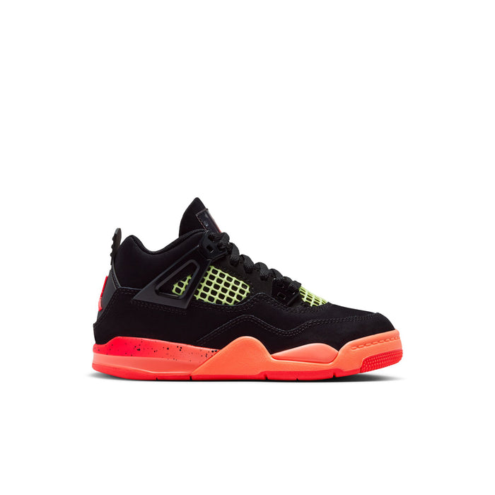 Kids retro 4 sneakers in black with neon green net panels and red-orange sole