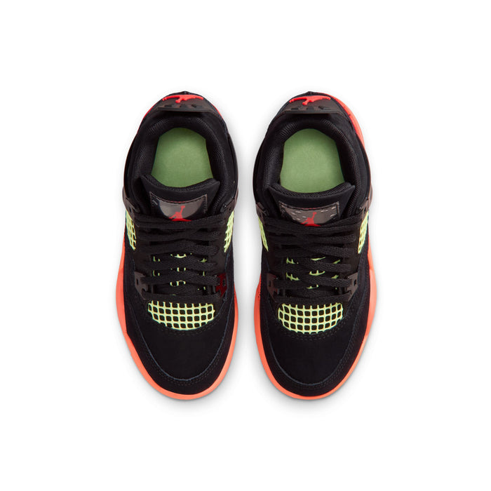 Pair of kids retro 4 sneakers, black with neon green toe netting and red-orange trim