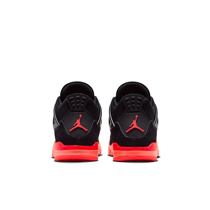 Kids retro 4 heel view, black with red Jumpman logo and bright orange sole