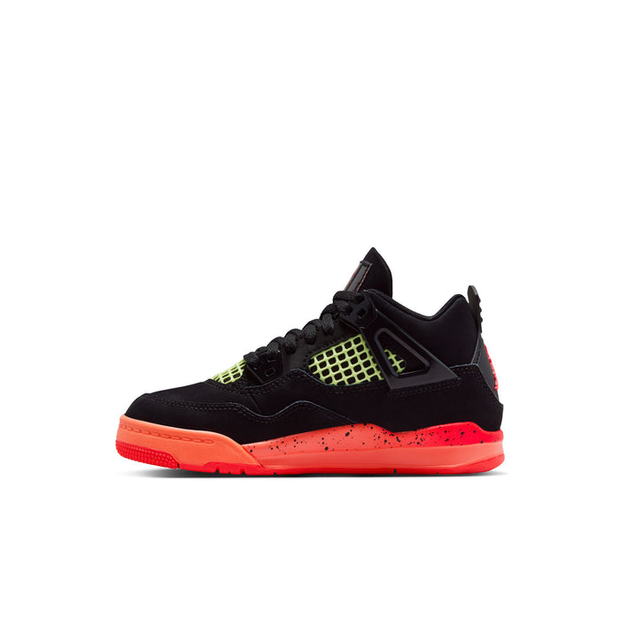 Kids retro 4 sneakers side view, black with neon green lattice and red-orange midsole