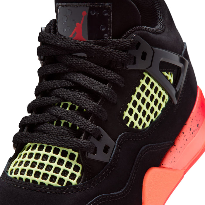 Close-up of kids retro 4 upper: black mesh net panel with neon green squares