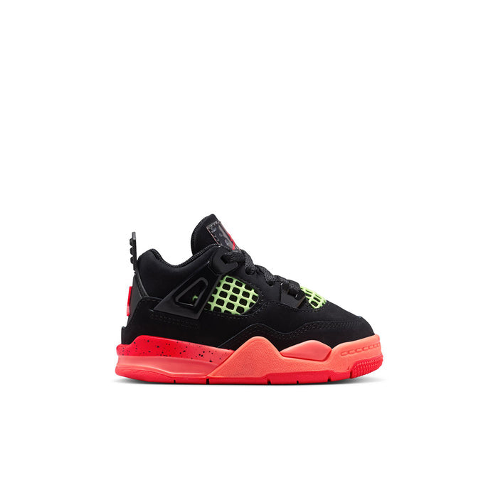 Toddler black sneakers with neon green cage and red accents, side view