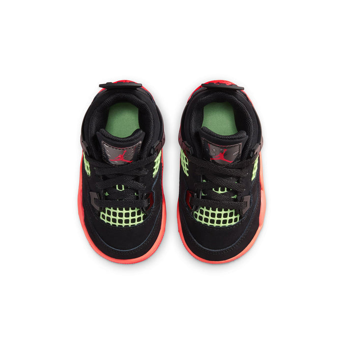 Toddler black sneakers with neon green lace panels and red trim, top view