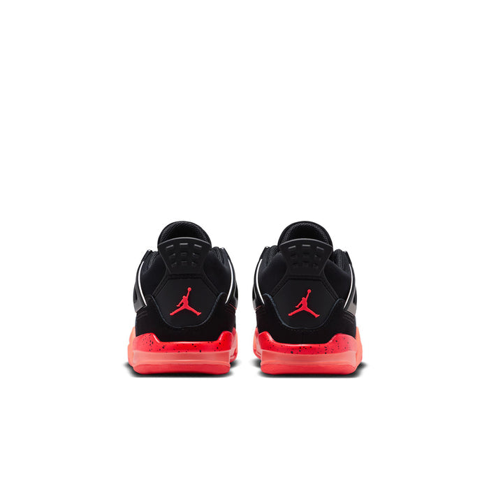 Toddler black sneakers with red Jumpman heel logo and bright red sole, back view