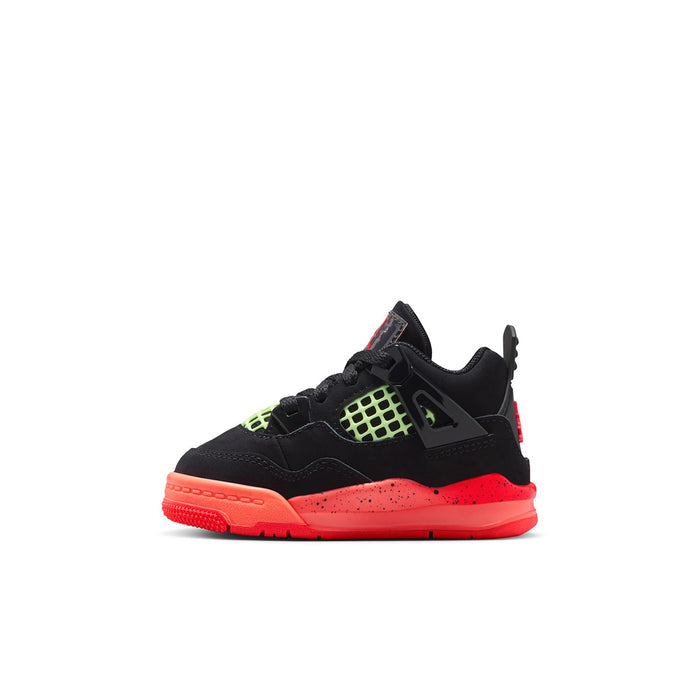 Toddler black sneakers with neon green grid and red sole, side profile