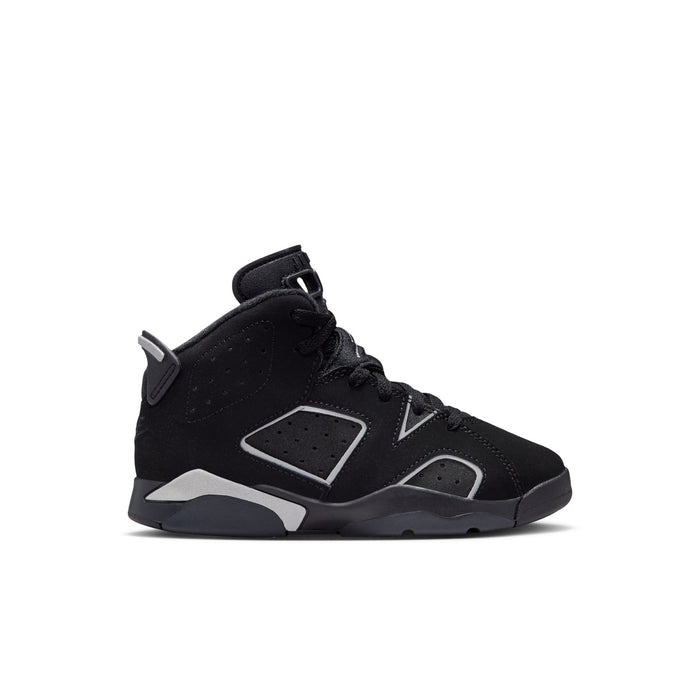 Kids black high-top sneakers with velcro strap and gray/white panel accents