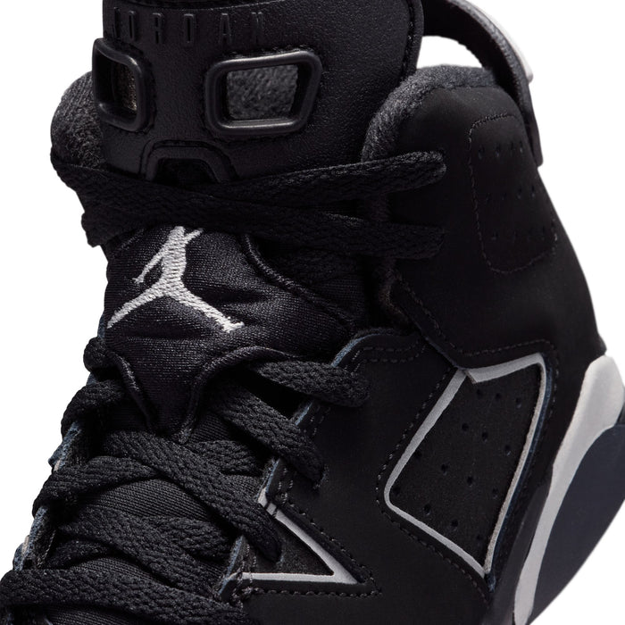 Kids black high-top sneakers close-up of laces and Jumpman logo on side