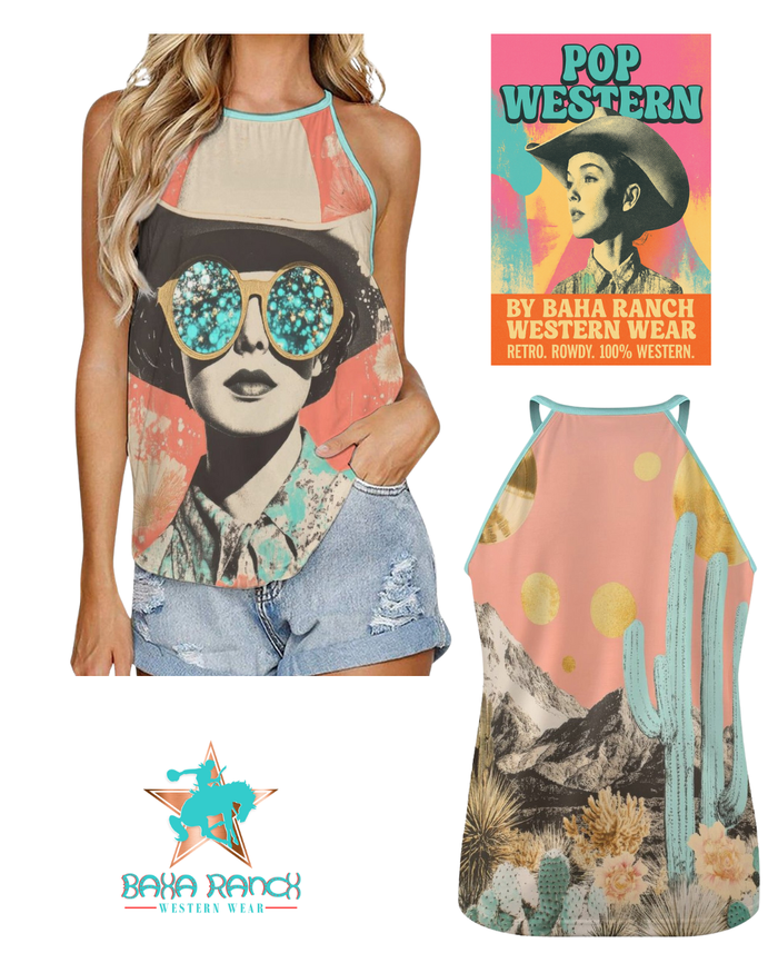 Retro Pop Cowgirl Tank Top from BAHA RANCH WESTERN WEAR featuring a vintage-inspired design and sleeveless fit.